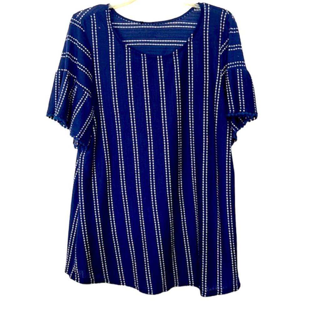 🌞 Blue & white dotted lines boho ruffle sleeves tunic top women size L